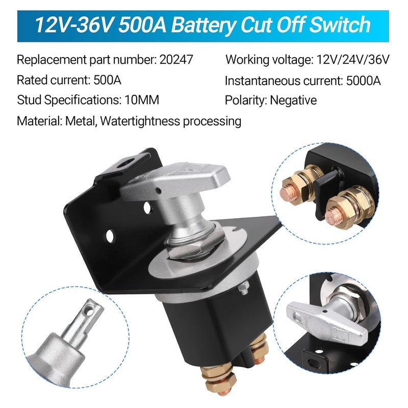 FEITON 500A High Current 12V-36V Battery Cut Off Switch with Lock-Out Plate, Replace 20247, Waterproof Master Battery Disconnect Switch Fixed Handle Isolator for Car, Truck, RV, Yacht, Boat - Image 3